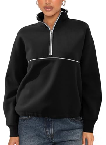 EUDOLAH Damen Halber Reißverschluss Sweatshirt Langarm Outdoor Jacken Herbst Winter Sweatjacke mit Seitlicher Kordelzug 01 Schwarz L von EUDOLAH