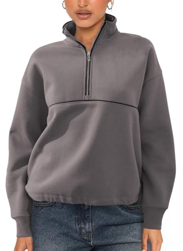 EUDOLAH Damen Halber Reißverschluss Sweatshirt Langarm Outdoor Jacken Herbst Winter Sweatjacke mit Seitlicher Kordelzug Grau-2 L von EUDOLAH