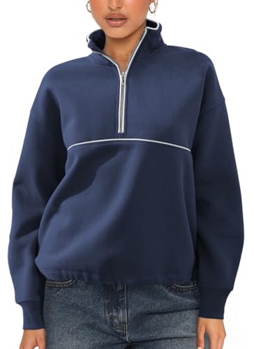 EUDOLAH Damen Halber Reißverschluss Sweatshirt Langarm Outdoor Jacken Herbst Winter Sweatjacke mit Seitlicher Kordelzug Navy XL von EUDOLAH