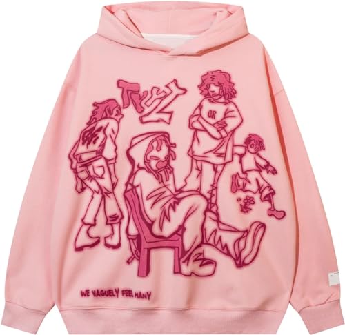 EUDOLAH Damen Herren Y2K Hoodie Charakter Graffiti Kapuzenpullover Langarm Unisex Oversized Sweater mit Kapuze 01 Rosa L von EUDOLAH