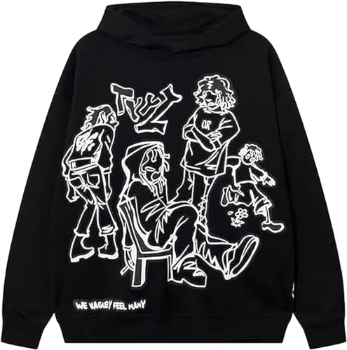 EUDOLAH Damen Herren Y2K Hoodie Charakter Graffiti Kapuzenpullover Langarm Unisex Oversized Sweater mit Kapuze 01 Schwarz L von EUDOLAH