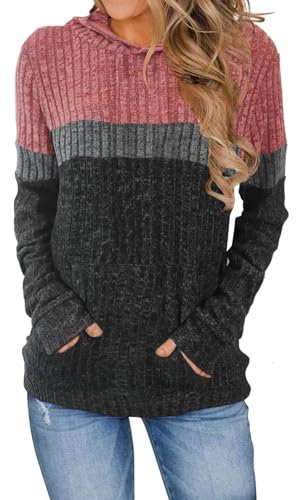 EUDOLAH Damen Hoodie Casual Outfit Colorblock Taschen Kapuzenpullover Fleecejacke mit Kapuze Sweatjacke Damen Hoodie Jacke(L,Rosarot) von EUDOLAH