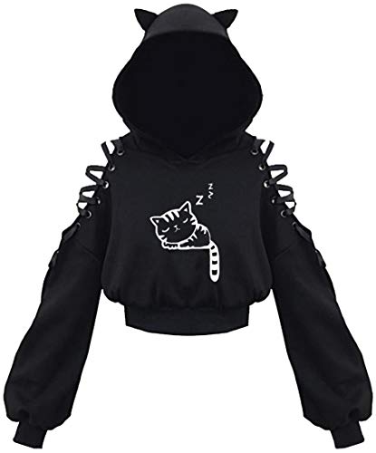 EUDOLAH Damen Hoodie Schulterfrei Katzen Ohr Hoodie Kapuzenpulli mit Bänder kurzes Sweatshirt(Katze schlafen S) von EUDOLAH