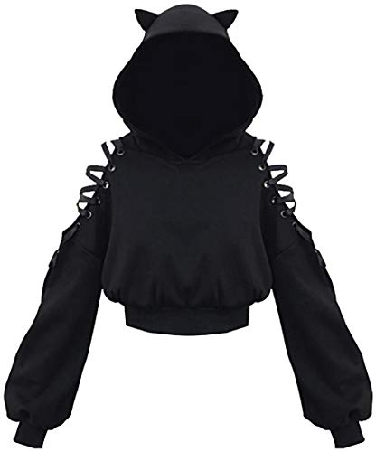 EUDOLAH Damen Hoodie Schulterfrei Katzen Ohr Hoodie Kapuzenpulli mit Bänder kurzes Sweatshirt (1-Schwarz M) von EUDOLAH