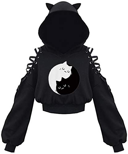 EUDOLAH Damen Hoodie Schulterfrei Katzen Ohr Hoodie Kapuzenpulli mit Bänder kurzes Sweatshirt (1-Tai Chi Katzen L) von EUDOLAH