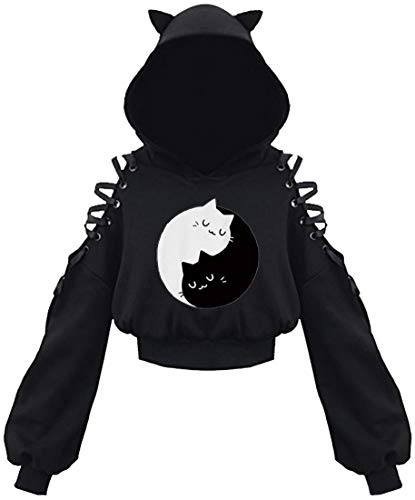 EUDOLAH Damen Hoodie Schulterfrei Katzen Ohr Hoodie Kapuzenpulli mit Bänder kurzes Sweatshirt (1-Tai Chi Katzen M) von EUDOLAH