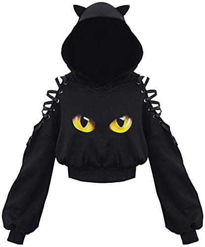 EUDOLAH Damen Hoodie Schulterfrei Katzen Ohr Hoodie Kapuzenpulli mit Bänder kurzes Sweatshirt (Katzenaugen M) von EUDOLAH