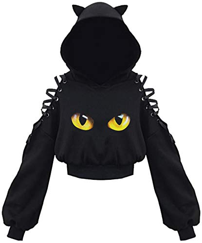 EUDOLAH Damen Hoodie Schulterfrei Katzen Ohr Hoodie Kapuzenpulli mit Bänder kurzes Sweatshirt (Katzenaugen XL) von EUDOLAH