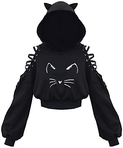 EUDOLAH Damen Hoodie Schulterfrei Katzen Ohr Hoodie Kapuzenpulli mit Bänder kurzes Sweatshirt (Katzengesicht L) von EUDOLAH