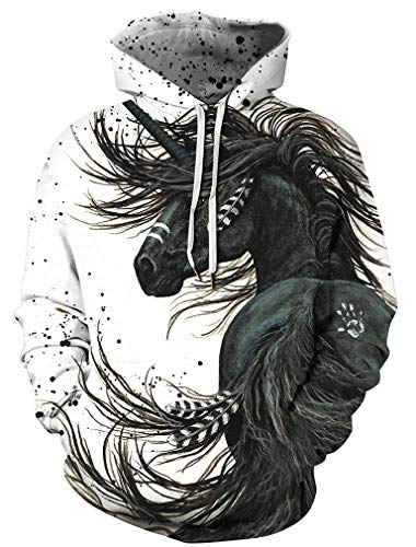 EUDOLAH Damen Pullover 3D Druck Pulli mit Tasche Digitaldruck Pulli mit Aufdruck Galaxy Tier Langarm S-M, 1-Schwarz und weiß Pferd von EUDOLAH