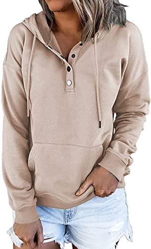 EUDOLAH Damen Knopfleiste Kapuzenpullover mit Tasche Hoodie Frühling Herbst Winter Sweatshirt Casual Streetwear Khaki XL von EUDOLAH