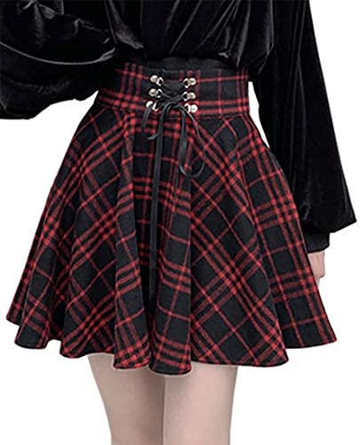 EUDOLAH Damen Mini-Faltenrock Kariert Gothic Stil A-Linie Hohe Taille Plissee Skater Rot S von EUDOLAH