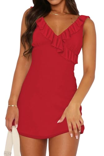 EUDOLAH Damen Mini Partykleid Rüsche V-Ausschnitt Cocktailkleid Mesh Ärmellos Wickelkleid Bodycon Kleid, Rot, Size XL von EUDOLAH