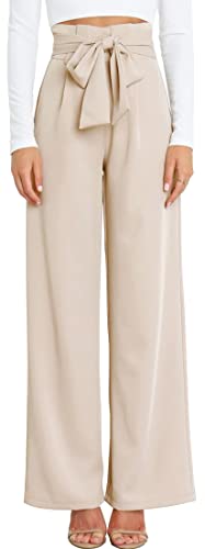 EUDOLAH Damen Palazzo Hose Hige Waist Schlaghose mit Schleife Gürtel Culotte-Hosen Leichte & Weiche Damenhose M Beige von EUDOLAH