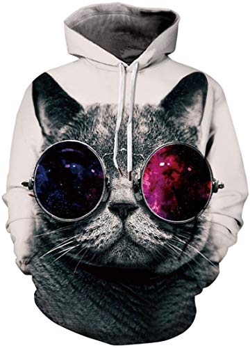 EUDOLAH Damen Pullover 3D Druck Pulli mit Tasche Digitaldruck Pulli mit Aufdruck Galaxy Tier Langarm 2-Brille Katze L-XL von EUDOLAH