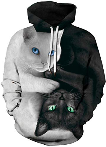 EUDOLAH Damen Pullover 3D Druck Pulli mit Tasche Digitaldruck Pulli mit Aufdruck Galaxy Tier Langarm 0-Schwarz und Weiß Katzen L-XL von EUDOLAH