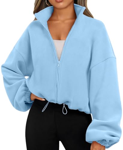 EUDOLAH Damen Reißverschluss Sweatshirt Langarm Fleece Schüttelvlies Pulli Outwear Jacken Herbst Winter Sweatjacke mit Kordelzug Blau M von EUDOLAH
