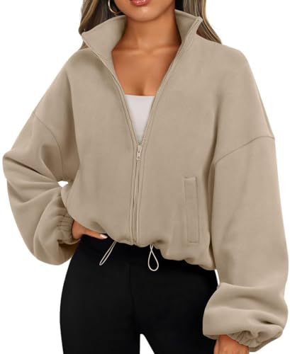 EUDOLAH Damen Reißverschluss Sweatshirt Langarm Fleece Schüttelvlies Pulli Outwear Jacken Herbst Winter Sweatjacke mit Kordelzug Khaki M von EUDOLAH