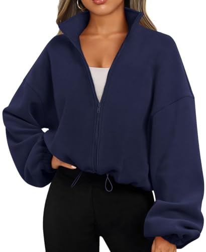 EUDOLAH Damen Reißverschluss Sweatshirt Langarm Fleece Schüttelvlies Pulli Outwear Jacken Herbst Winter Sweatjacke mit Kordelzug Navy M von EUDOLAH