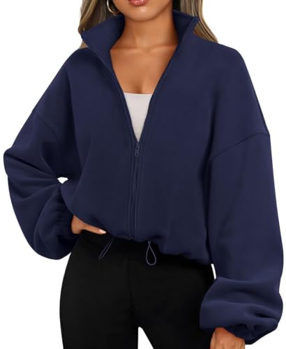 EUDOLAH Damen Reißverschluss Sweatshirt Langarm Fleece Schüttelvlies Pulli Outwear Jacken Herbst Winter Sweatjacke mit Kordelzug Navy S von EUDOLAH