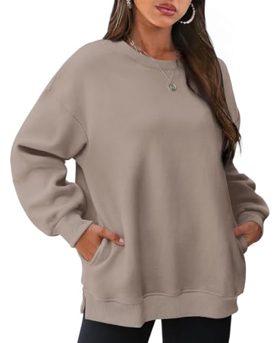 EUDOLAH Damen Rundhals Sweatshirt Langarmshirt Y2K Tops Casual Sweater mit Taschen Khaki M von EUDOLAH