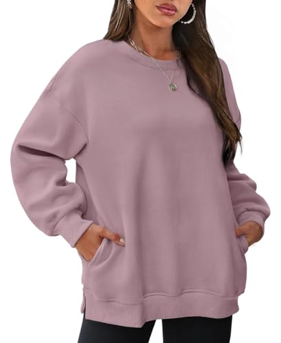 EUDOLAH Damen Rundhals Sweatshirt Langarmshirt Y2K Tops Casual Sweater mit Taschen Lila M von EUDOLAH