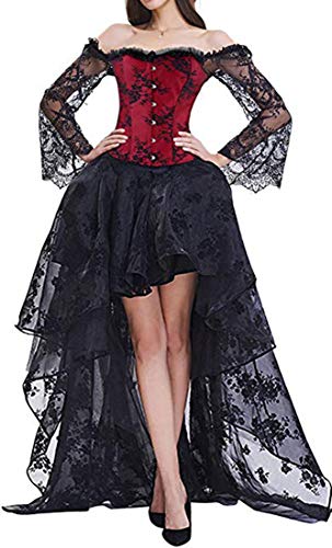 EUDOLAH Damen Schwarz Korsagen Gothic Taille Korset Lang Hauch Bluse Mini Korsett kurz Party Steampunk inkl. und Korsett Top (Large, 11708 Schwarz und Rot) von EUDOLAH