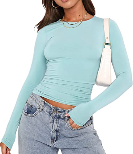 EUDOLAH Damen Slim Fit Y2K Oberteile Langarm Blusen Elegant Crop Tops Bauchfrei T-Shirt Clubwear Blau-2 S von EUDOLAH