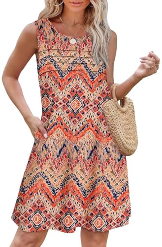 EUDOLAH Damen Sommerkleid Casual Dress Freizeit Dress mit Taschen Florral gedruckt V-Ausschnitt ärmellose Kleid, Geometric-1, Size M von EUDOLAH