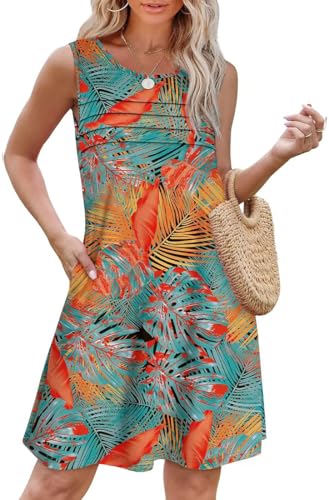 EUDOLAH Damen Sommerkleid Casual Dress Freizeit Dress mit Taschen Florral gedruckt V-Ausschnitt ärmellose Kleid, Leaf-1, Size L von EUDOLAH