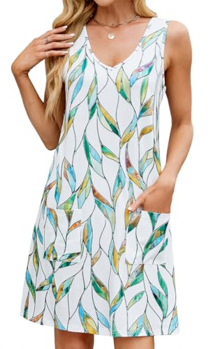 EUDOLAH Damen Sommerkleid Casual Dress Freizeit Dress mit Taschen Florral gedruckt V-Ausschnitt ärmellose Kleid, Wave, Size 2XL von EUDOLAH
