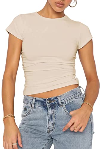 EUDOLAH Damen Teenager Mädchen Y2K Oberteile Crop Top Sommer T-Shirt Kurzarm Slim Fit Blusen Basic Oberteil Beige XL von EUDOLAH