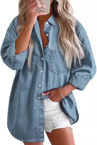 EUDOLAH Damen Übergroßes Jeanshemd mit Polo-Kragen als lässige Bluse oder leichte Jacke (Blau,XL) von EUDOLAH