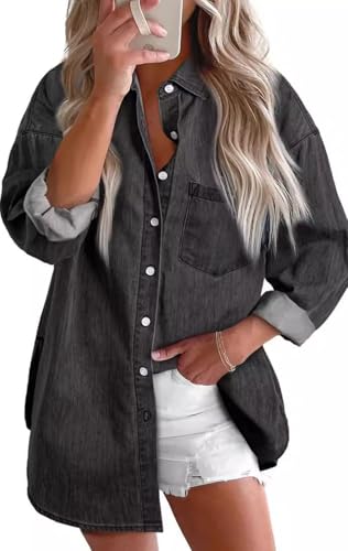 EUDOLAH Damen Übergroßes Jeanshemd mit Polo-Kragen als lässige Bluse oder leichte Jacke (Dunkelgrau,3XL) von EUDOLAH