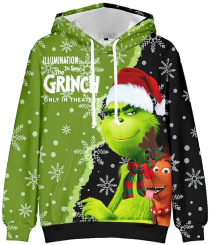 EUDOLAH Herren 3D Weihnachten Kapuzenpullover Hooded Christmas Langarm Kordelzug Unisex Sweatshirt mit Tasche Grün-01 3XL von EUDOLAH