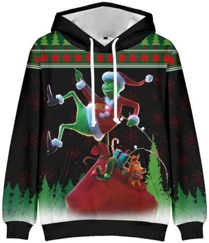 EUDOLAH Herren 3D Weihnachten Kapuzenpullover Hooded Christmas Langarm Kordelzug Unisex Sweatshirt mit Tasche Grün-10 L von EUDOLAH