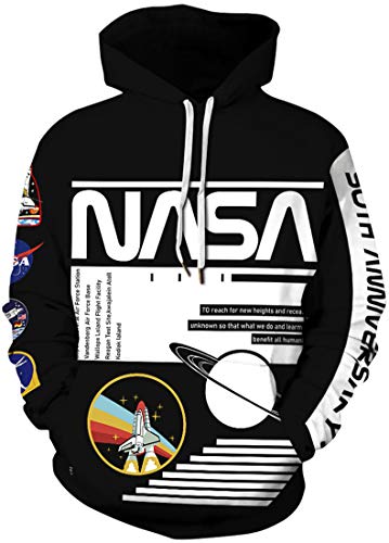 EUDOLAH Herren Hoodies 3D Druck NASA Astronaut Logo Kapuzenpullover mit Tasche (3XL A-Schwarz) von EUDOLAH