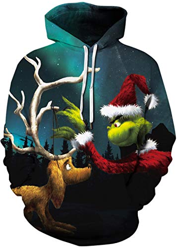 EUDOLAH Herren Hoodies 3D Druck Weihnachten Motiv mit Tasche (L 1-Grün Hirsch) von EUDOLAH