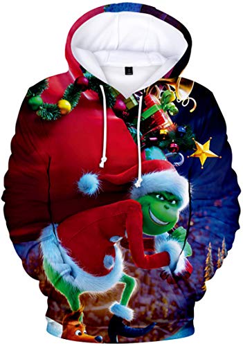 EUDOLAH Herren Kapuzenpullover 3D Druck Weihnachten Hooded X-Mas Langarm Hoodie Kordelzug Sweatshirt 00Grün-2 3XL von EUDOLAH