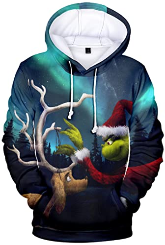 EUDOLAH Herren Kapuzenpullover 3D Druck Weihnachten Hooded X-Mas Langarm Hoodie Kordelzug Sweatshirt 00grün-10 3XL von EUDOLAH