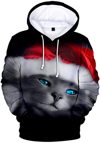 EUDOLAH Herren Kapuzenpullover 3D Druck Weihnachten Hooded X-Mas Langarm Hoodie Kordelzug Sweatshirt 01Schwarz Katze 3XL von EUDOLAH