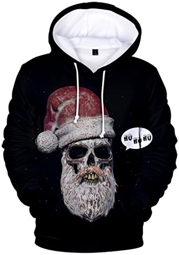 EUDOLAH Herren Kapuzenpullover 3D Druck Weihnachten Hooded X-Mas Langarm Hoodie Kordelzug Sweatshirt 01Schwarz Weihnachtsschädel 3XL von EUDOLAH