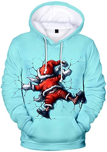 EUDOLAH Herren Kapuzenpullover 3D Druck Weihnachten Hooded X-Mas Langarm Hoodie Kordelzug Sweatshirt Blau Weihnachtsmann-2 L von EUDOLAH