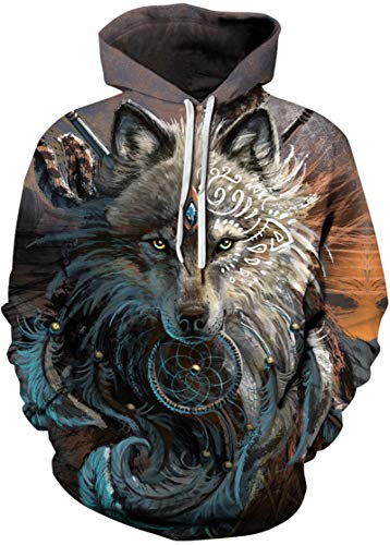 EUDOLAH Herren Slim Fit Kapuzenpullover 3D Druck Hoodie Weihnachten Winter Bunt mit Tasche (L-XL, 3-Wolfskönig) von EUDOLAH