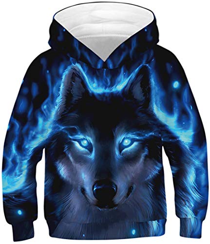 EUDOLAH Jungen Sweatshirts für 4-13 Alter Kinder Langarm 3D Druck Kids Herbst Winter Hooded mit Kapuzen 2-Blauer Wolf L von EUDOLAH