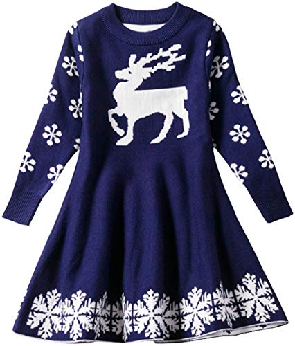 EUDOLAH Mädchen Kleid Weihnachtskleid Knielang für 2-6 Alter Kinder Hirsch Schneeflocken Christmas (Marineblau 100cm) von EUDOLAH