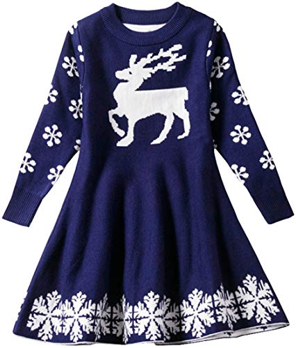 EUDOLAH Mädchen Kleid Weihnachtskleid Knielang für 2-6 Alter Kinder Hirsch Schneeflocken Christmas (Marineblau 120cm) von EUDOLAH