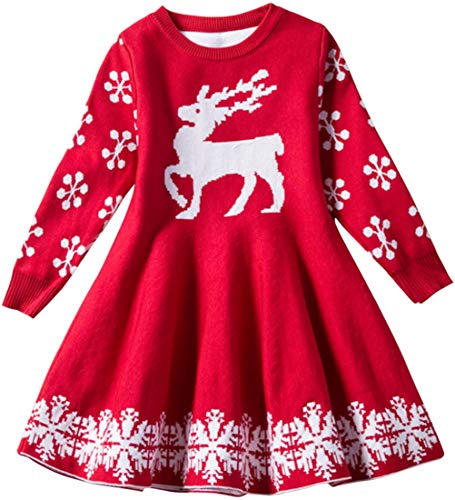 EUDOLAH Mädchen Kleid Weihnachtskleid Knielang für 2-6 Alter Kinder Hirsch Schneeflocken Christmas (Rot 130cm) von EUDOLAH