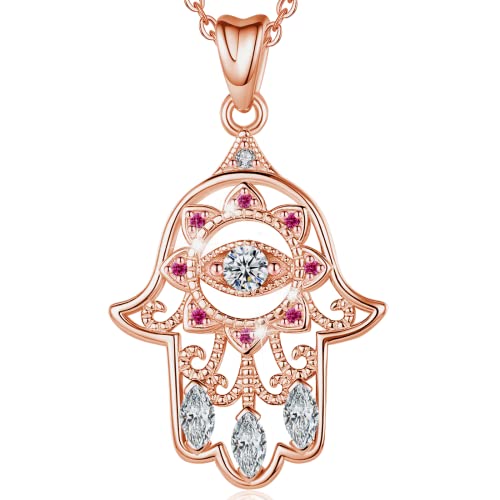 EUDORA 925 Sterling Silber Fatimas Hand Kette Hamsa Hand Halskette Blaue Böse Auge Viel Glück Klar CZ Vintage Anhänger Halskette, 18" Kette (Roségold) von EUDORA Harmony Ball