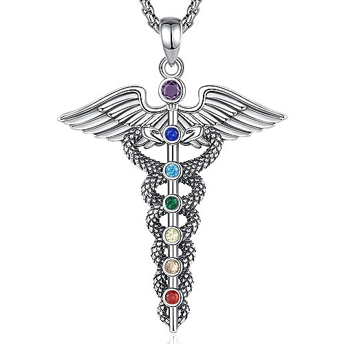 EUDORA Caduceus Kette Damen Herren Sterling Silber 925,Caduceus Halskette Medizinischer Symbolstab des Asklepios Schützend Amulett Anhänger Engelsflügel Schmuck Geschenk für Arzt Krankenschwester von EUDORA Harmony Ball